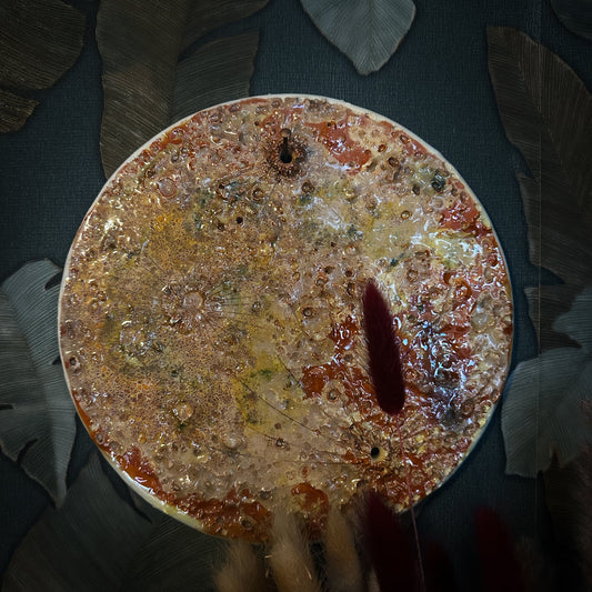 Luna piena del Raccolto grande in ceramica fatta a mano, lustro ambra a terzo fuoco — pezzo n. V
