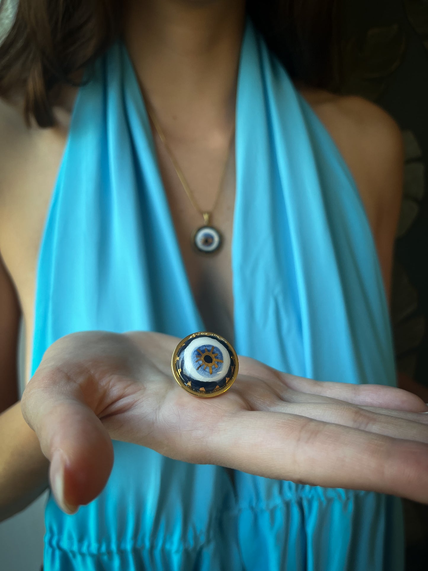 Gold Nazar Eye | Ciondolo e Anello Protezione occhio in ceramica