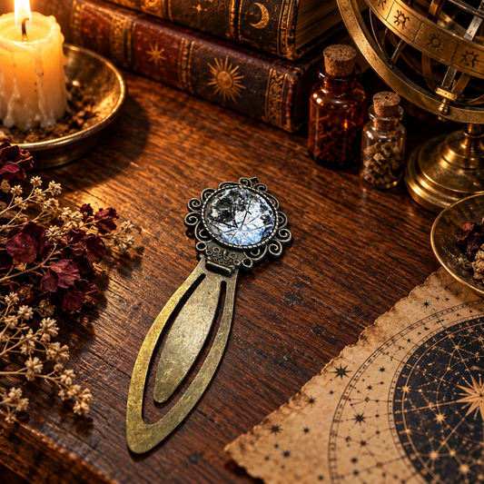 Segnalibro lunare in ceramica con supporto metallico decorato, appoggiato su uno scrittoio tra carte celesti e fiori secchi.