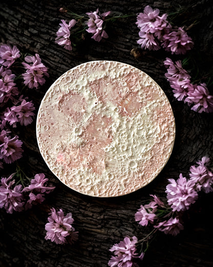 Luna Rosa 2026, prima della serie: luna in ceramica rosa con lustro madreperla