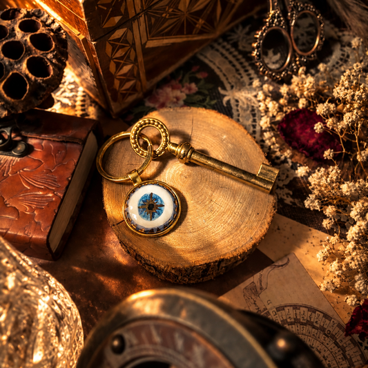 Portachiavi Nazar Eye in ceramica e lustro oro con chiave antica, su fetta di legno
