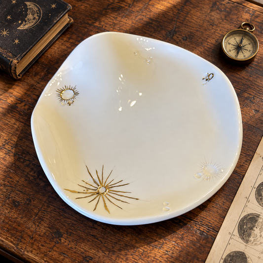 Piatto da portata White Lunar Wave in ceramica bianca con crateri lunari in oro, visto dall'alto su un tavolo di legno scuro