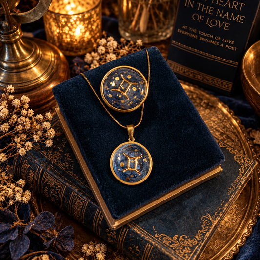 Ciondoli Gold Astro Soul in ceramica blu con segno zodiacale in lustro oro, su libri antichi