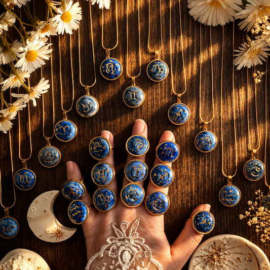 Anelli e ciondoli zodiacali Gold Astro Soul in ceramica blu e oro, fatti a mano