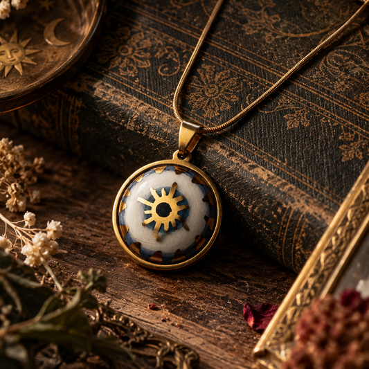 Collana Occhio di Nazar in ceramica dipinta a mano con lustro oro, appoggiata su un libro antico tra fiori secchi