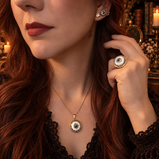 Collana e anello Occhio di Nazar in ceramica e lustro oro indossati, con orecchini Nazar XS, in un ambiente a lume di candela