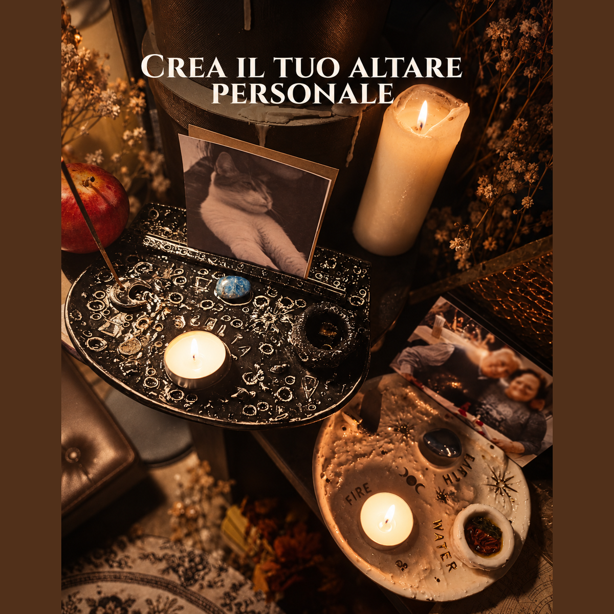 Altare personale in ceramica nera con la fotografia di un gatto, candele e cristalli: un esempio dell'altare che crei alla Cerimonia di Terra di Ela Ceramics