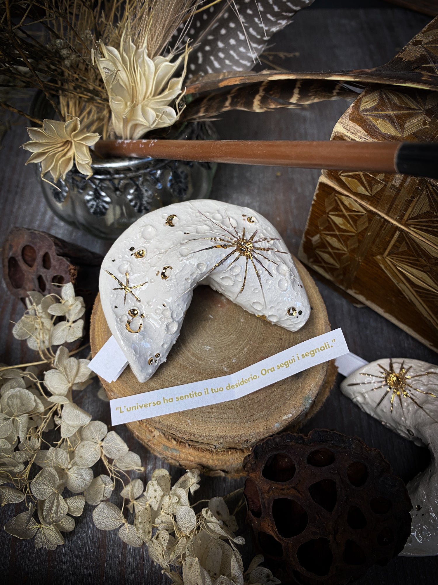 Fortune Moon Cookie, biscotto della fortuna in ceramica con lustro oro e platino, porta messaggio