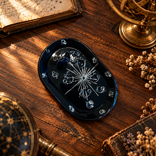 Piattino ovale in ceramica nera con crateri e raggi in lustro platino, su uno scrittoio vintage con mappa celeste.