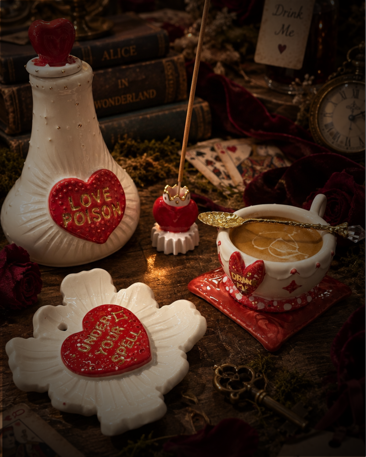 La collezione Love Potion in ceramica: ampolla Love Poison, tazzina Drink Me, quadretto e porta incenso a cuore