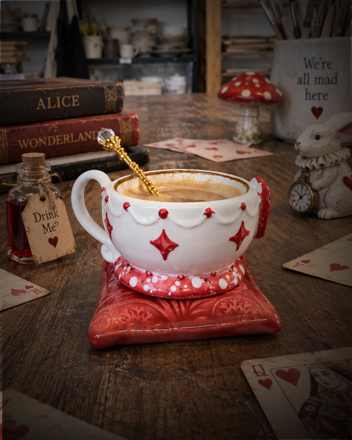 Tazzine Drink Me in ceramica con cucchiaino dorato