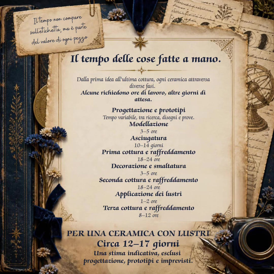 Il tempo delle cose fatte a mano: per una ceramica con lustri servono circa 12-17 giorni tra modellazione, asciugatura e cotture