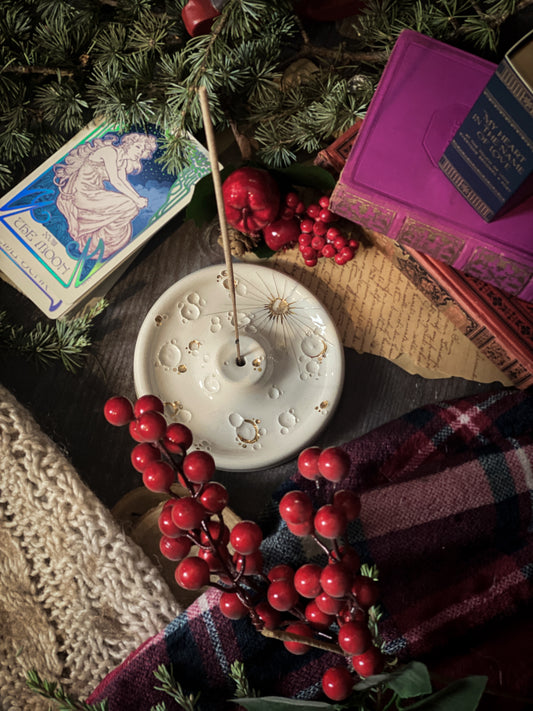 White and Gold Full Moon | Porta Incenso Luna in Ceramica