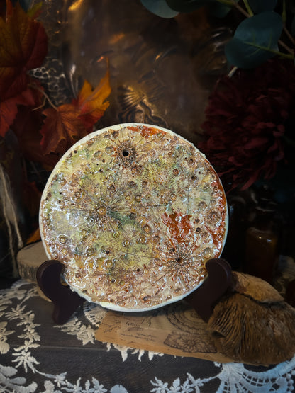 Luna del Raccolto in ceramica — Luna dell'Equilibrio n. I, crema e verde tenue con fascia rossa e lustro ambra