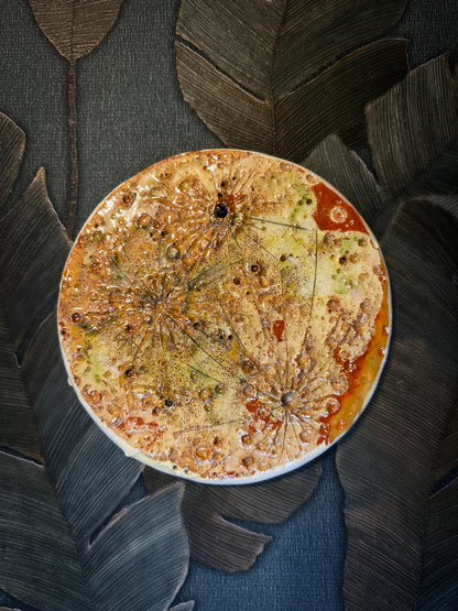 Luna del Raccolto in ceramica — Luna dell'Equilibrio n. II, caramello con colata rossa e macchia verde