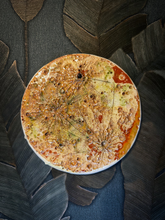 Luna del Raccolto in ceramica — Luna dell'Equilibrio n. II, caramello con colata rossa e macchia verde