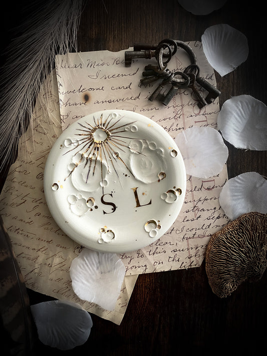 White | Piattino Luna in Ceramica e Lustro Oro