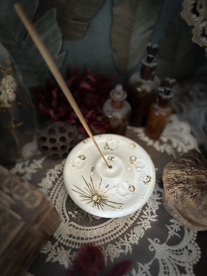 White and Gold Full Moon | Porta Incenso Luna in Ceramica e Lustro Oro