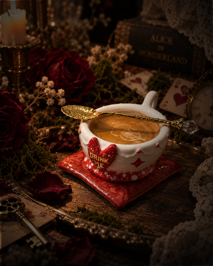Tazzina Drink Me in ceramica con cuore rosso e scritta in oro