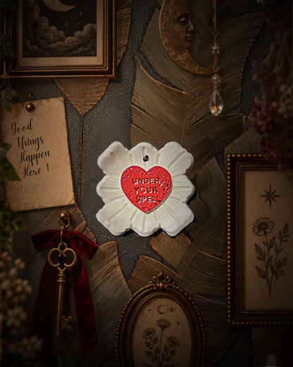 Quadretto Under Your Spell in ceramica bianca con cuore rosso e scritta in oro, appeso a una parete di cornici