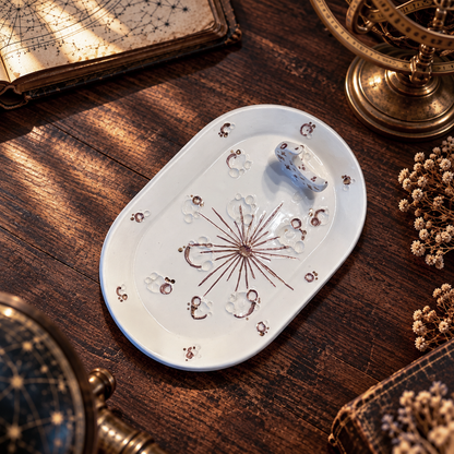 Piattino ovale White and Rose Gold in ceramica bianca con mezzaluna e decorazioni in lustro oro rosa, su uno scrittoio vintage.