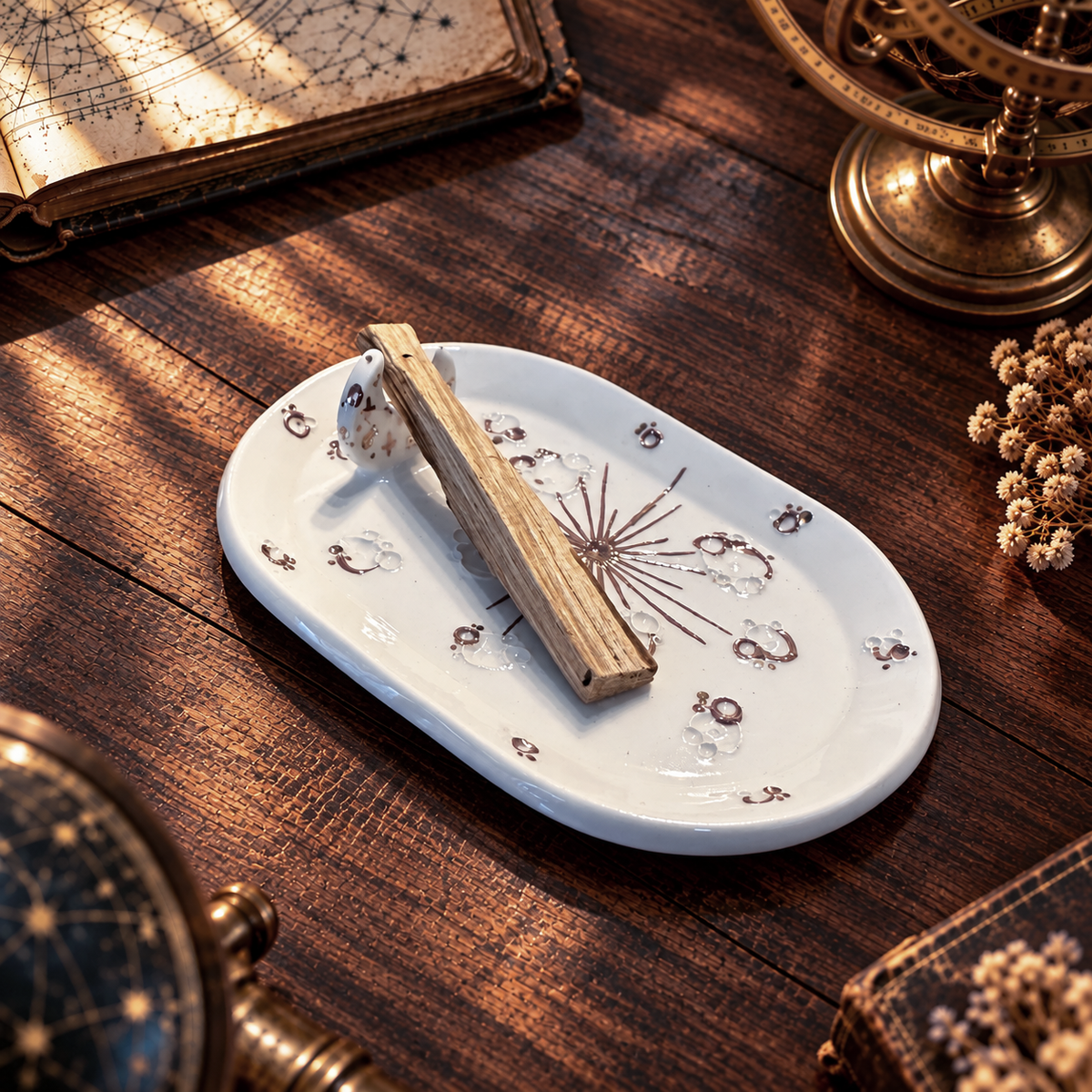 Piattino lunare in ceramica bianca e lustro oro rosa con legnetto di palo santo appoggiato alla mezzaluna, in uno studio vintage.
